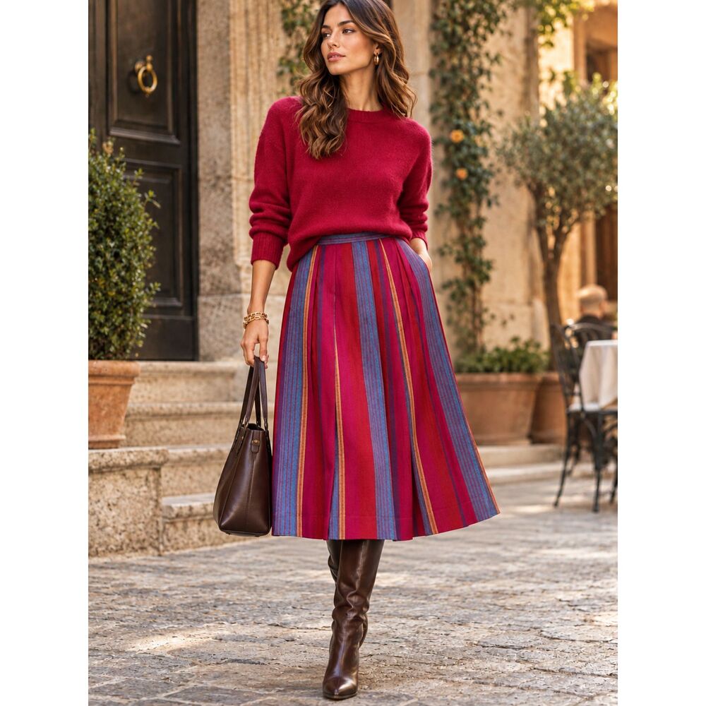 Vintage Rafaella Made in Italy Striped Pleated Midi Skirt Rose Blue Size 10